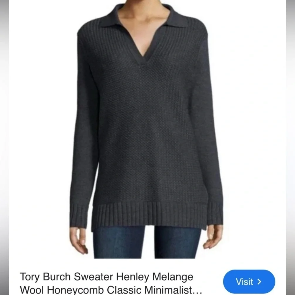 Tory Burch Charcoal Gray Henley Melange Classic Wool Honeycomb Sweater size M